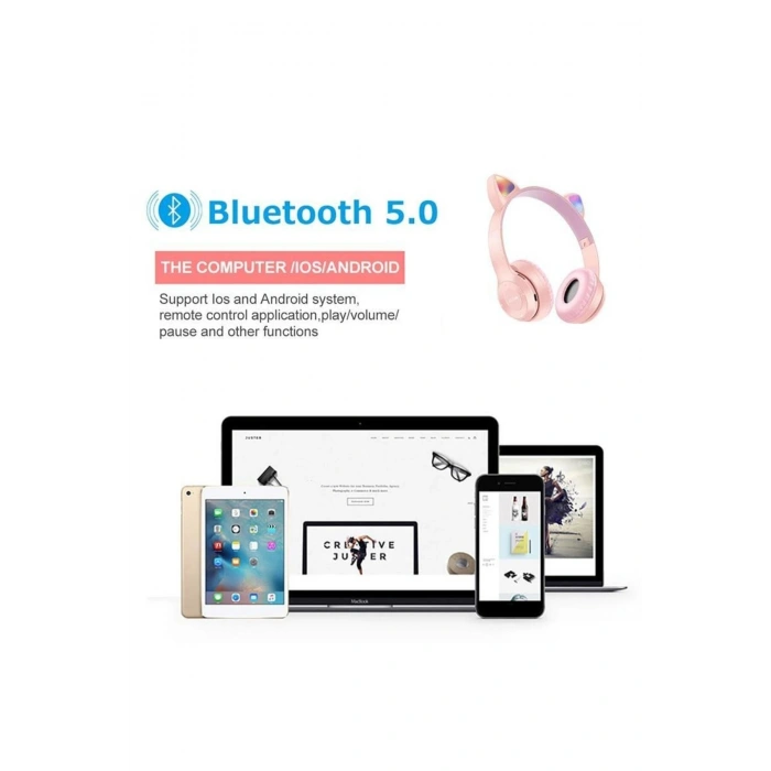 Tatlı Kedi Led Işıklı Kedi Kulağı Bluetooth Kulaklık Mikrofonlu Gürültü Önleyici Kulaklık