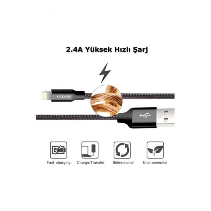 D2 2.4a Qqc 3.0 Lightning Iphone Uyumlu Örgülü Data Ve Şarj Kablosu