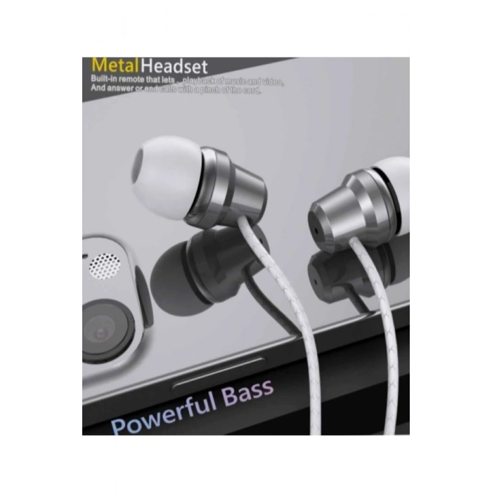 E1 Metal Stereo 3.5 Mm Jack Bass Kulaklık Beyaz Desenli Kablolu Kulaklık