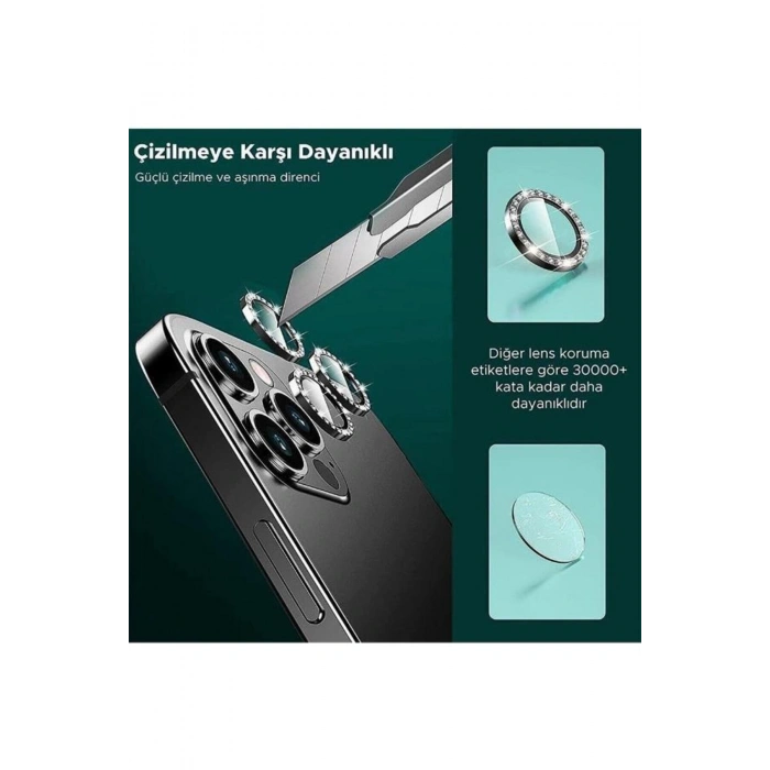 Iphone 12 Pro Max Taşlı Kamera Lens Koruyucu Çerçeveli Koruyucu Koyu Yeşil