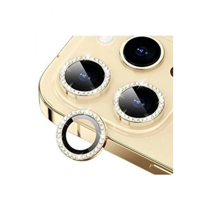 Iphone 11 Pro Max Taşlı Kamera Lens Koruyucu Çerçeveli Koruyucu Gold