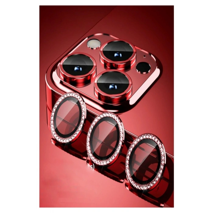 Iphone 11 Pro Max Taşlı Kamera Lens Koruyucu Çerçeveli Koruyucu Kırmızı