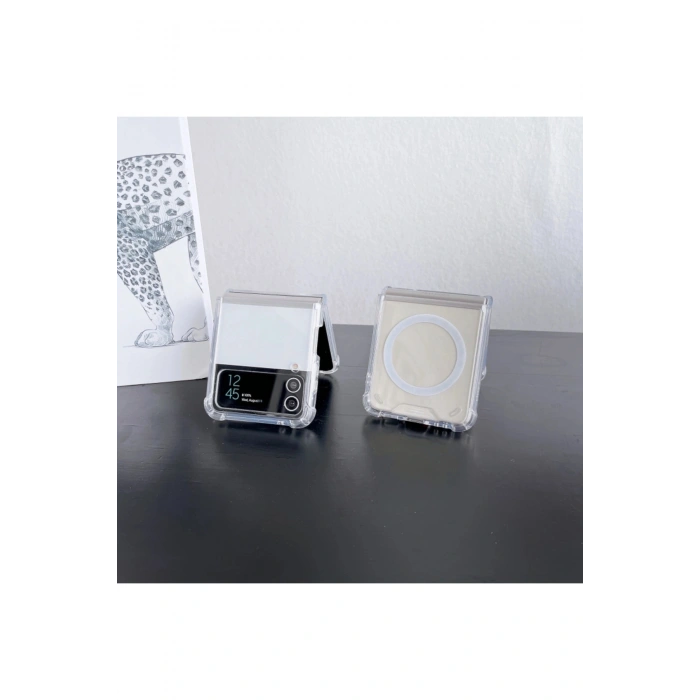 Samsung Galaxy Z Flip 4 ile Uyumlu Kablosuz Şarj Magsafe Özellikli Şeffaf Silikon Kılıf