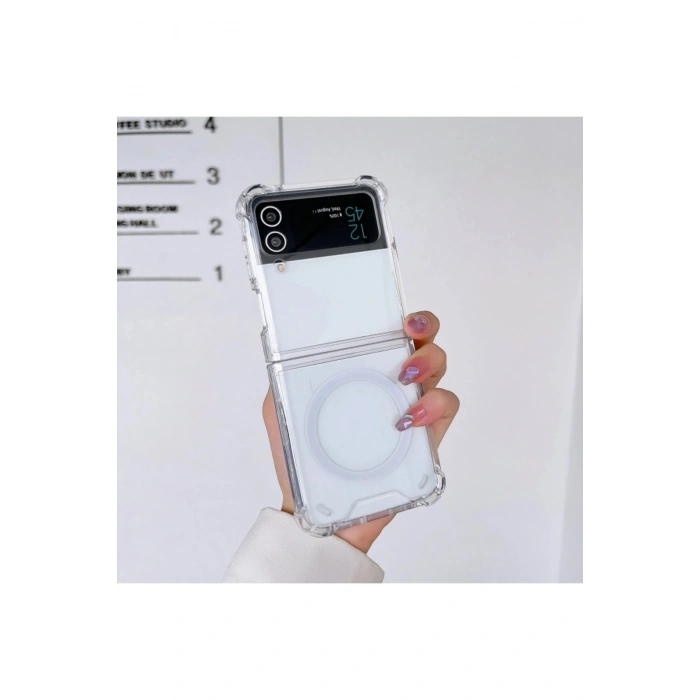 Samsung Galaxy Z Flip 4 ile Uyumlu Kablosuz Şarj Magsafe Özellikli Şeffaf Silikon Kılıf