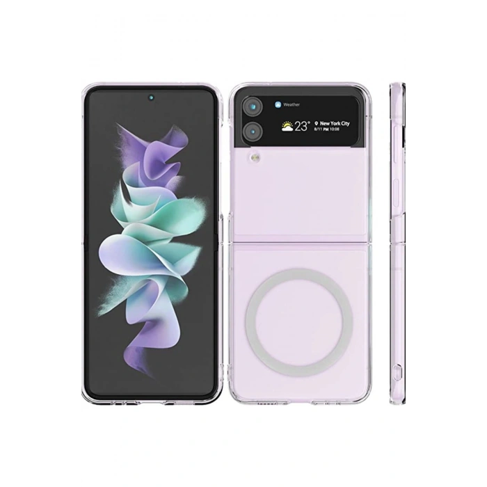 Samsung Galaxy Z Flip 4 ile Uyumlu Kablosuz Şarj Magsafe Özellikli Şeffaf Silikon Kılıf