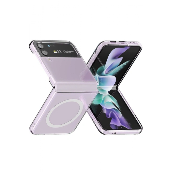 Samsung Galaxy Z Flip 3 ile Uyumlu Kablosuz Şarj Magsafe Özellikli Şeffaf Silikon Kılıf