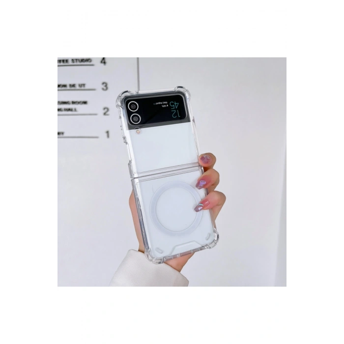 Samsung Galaxy Z Flip 3 ile Uyumlu Kablosuz Şarj Magsafe Özellikli Şeffaf Silikon Kılıf