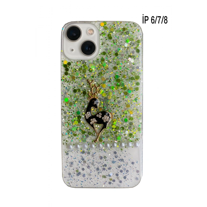 iPhone 6-7-8 ile Uyumlu Simli 3D İncili Geyik Kabartmalı Telefon Kılıfı