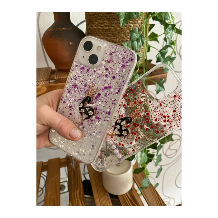 iPhone 6-7-8 ile Uyumlu Simli 3D İncili Geyik Kabartmalı Telefon Kılıfı