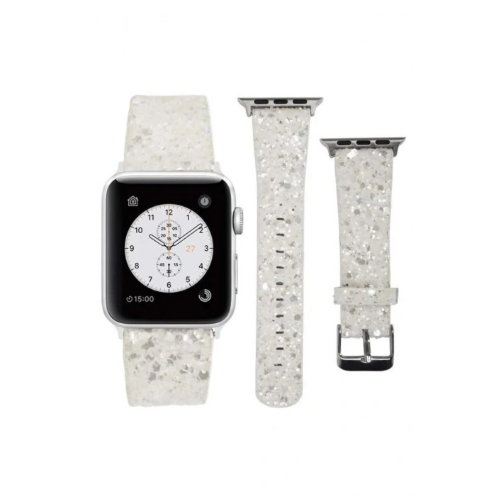 Apple Watch 38/40/41 MM ile Uyumlu Işıltılı Taş ve Sim Kaplı Şık ve Zarif Deri Saat Kordonu