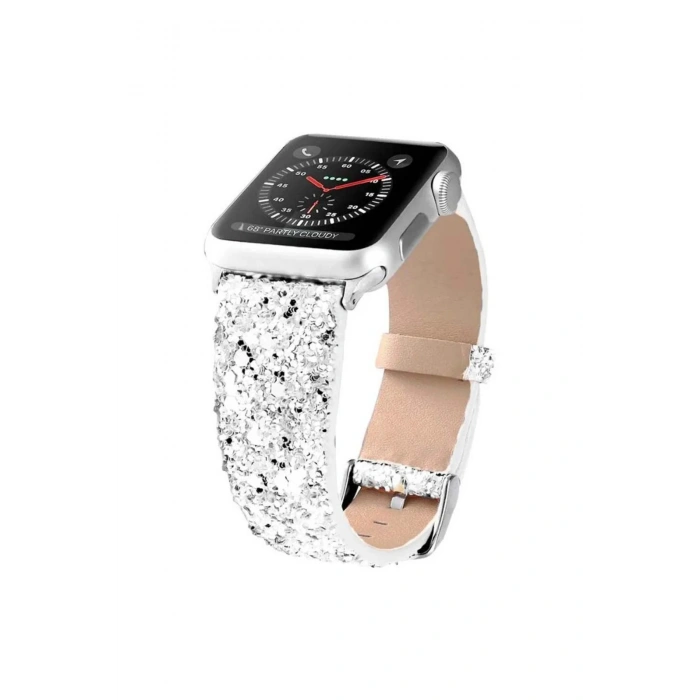 Apple Watch 38/40/41 MM ile Uyumlu Işıltılı Taş ve Sim Kaplı Şık ve Zarif Deri Saat Kordonu