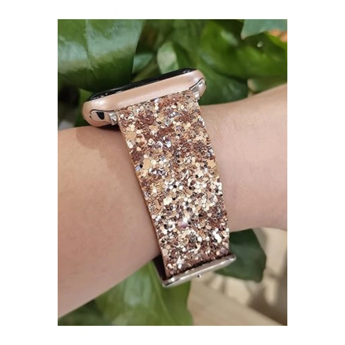 Apple Watch 38/40/41 MM ile Uyumlu Işıltılı Taş ve Sim Kaplı Şık ve Zarif Deri Saat Kordonu
