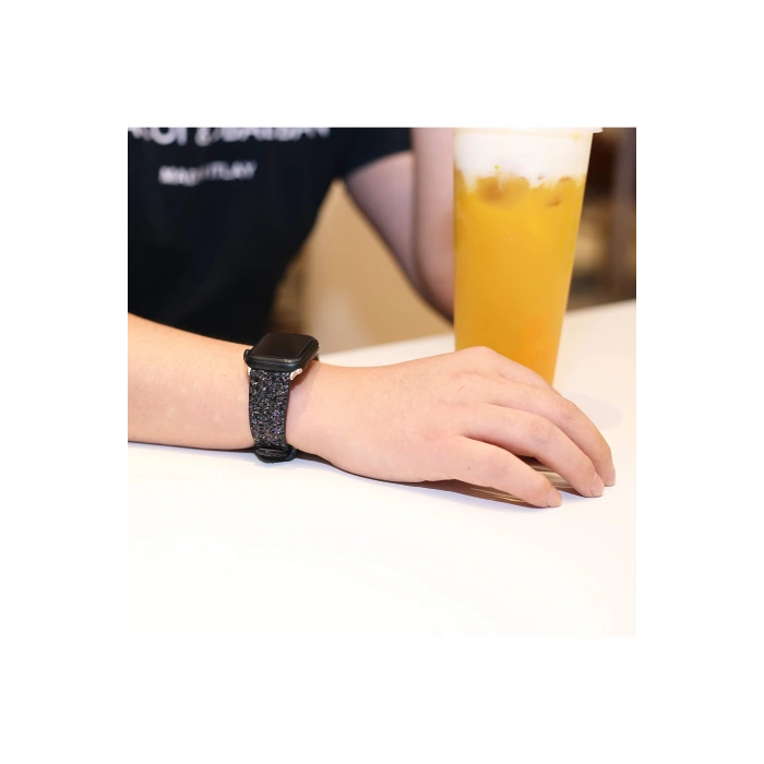 Apple Watch 38/40/41 MM ile Uyumlu Işıltılı Taş ve Sim Kaplı Şık ve Zarif Deri Saat Kordonu