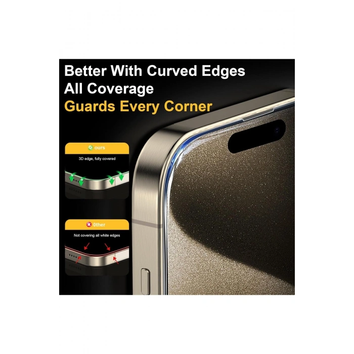 Apple iPhone 15 Pro Uyumlu Kolay Kurulum Ve Hizalama Aparatlı 5D Kırılmaz Full HD Ekran Koruyucu