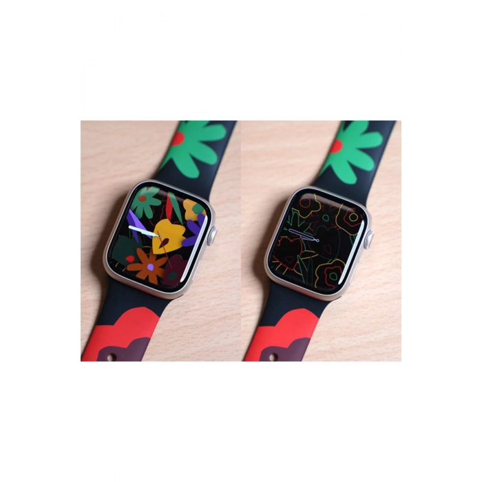Apple Watch 42/44/45/49 MM ile Uyumlu Çiçek Desenli Silikon Saat Kordonu