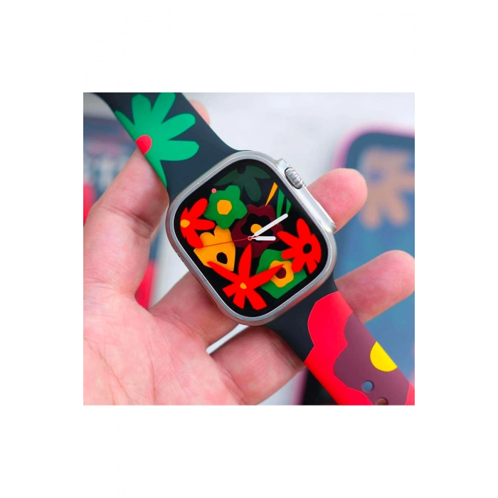 Apple Watch 42/44/45/49 MM ile Uyumlu Çiçek Desenli Silikon Saat Kordonu
