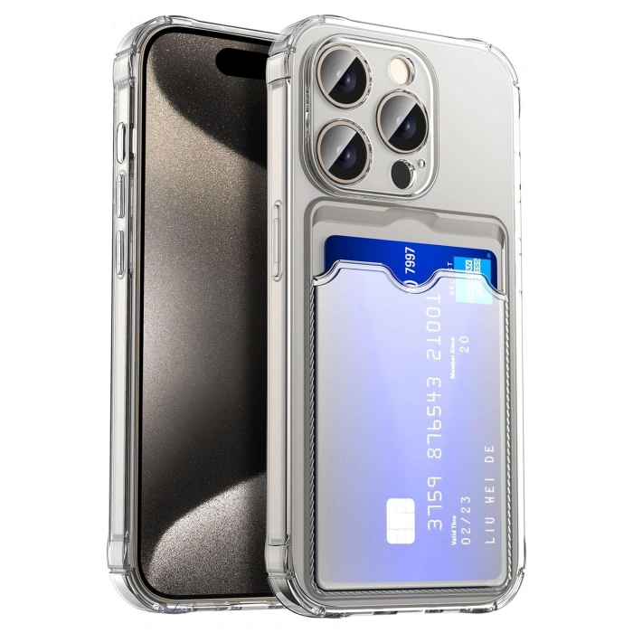 iPhone 15 Pro ile Uyumlu Kamera Korumalı Şeffaf Kartlık Bölmeli Silikon Kılıf Card Case