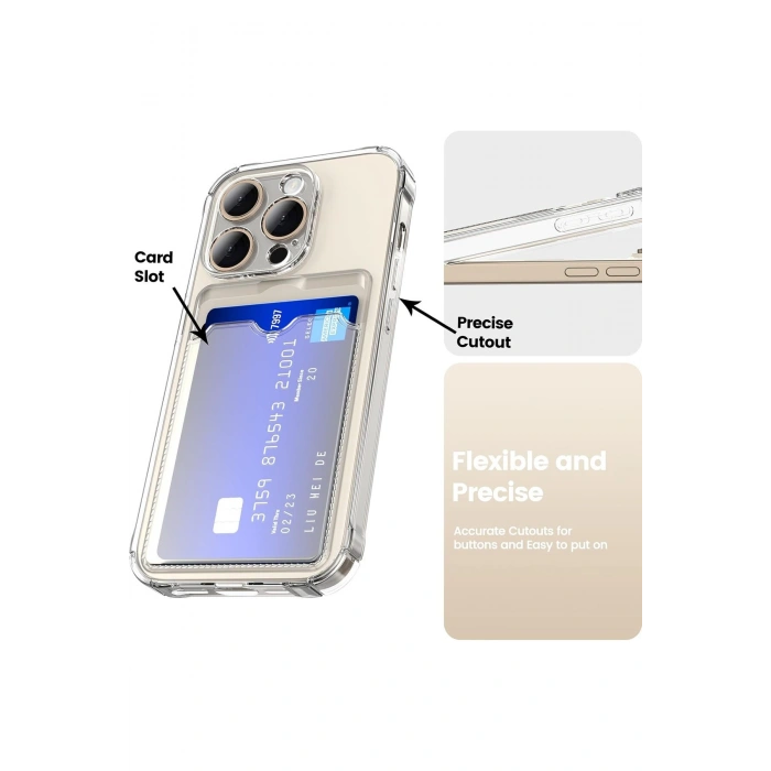 iPhone 15 Pro ile Uyumlu Kamera Korumalı Şeffaf Kartlık Bölmeli Silikon Kılıf Card Case