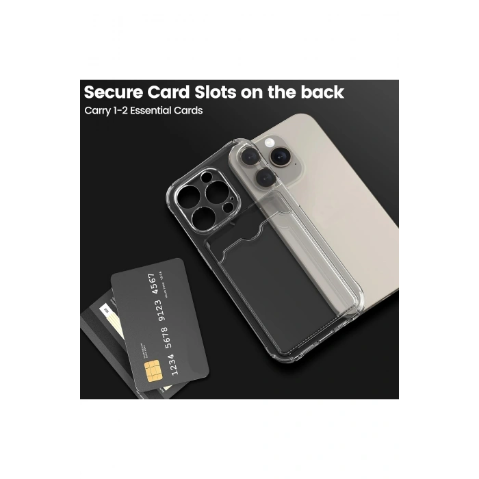 iPhone 15 ile Uyumlu Kamera Korumalı Şeffaf Kartlık Bölmeli Silikon Kılıf Card Case