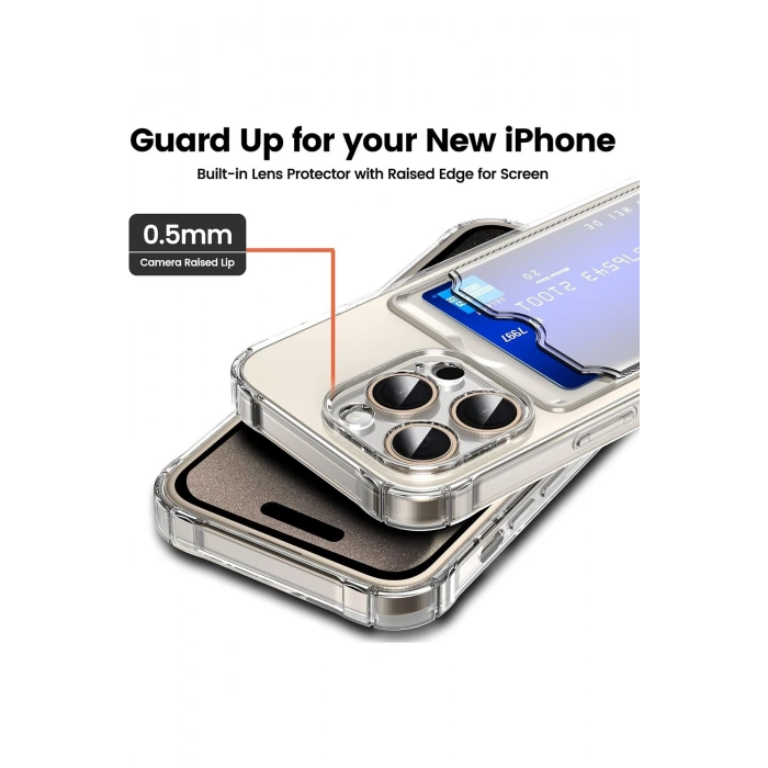 iPhone 15 ile Uyumlu Kamera Korumalı Şeffaf Kartlık Bölmeli Silikon Kılıf Card Case