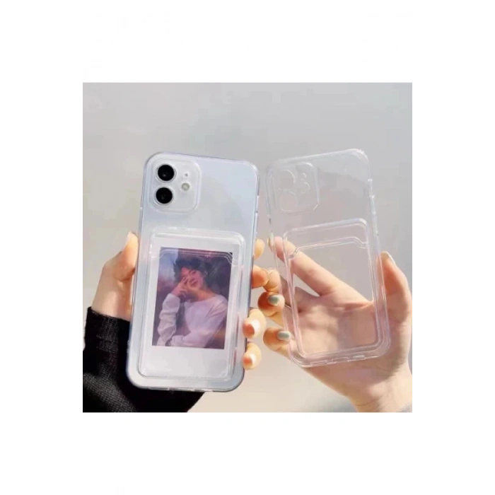 iPhone 15 ile Uyumlu Kamera Korumalı Şeffaf Kartlık Bölmeli Silikon Kılıf Card Case