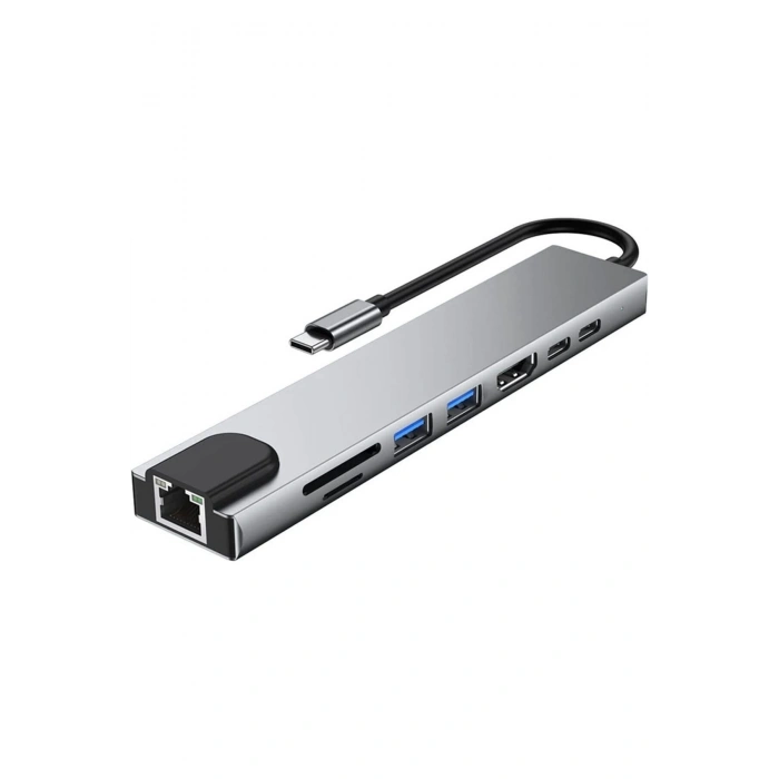 MacBook Uyumlu Type-C 8 in 1 HUB RJ45/SD/TF/USB 3.0/HDTV/PD Çevirici Çoklayıcı