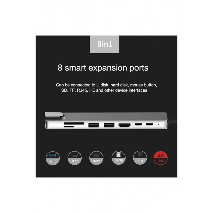 MacBook Uyumlu Type-C 8 in 1 HUB RJ45/SD/TF/USB 3.0/HDTV/PD Çevirici Çoklayıcı