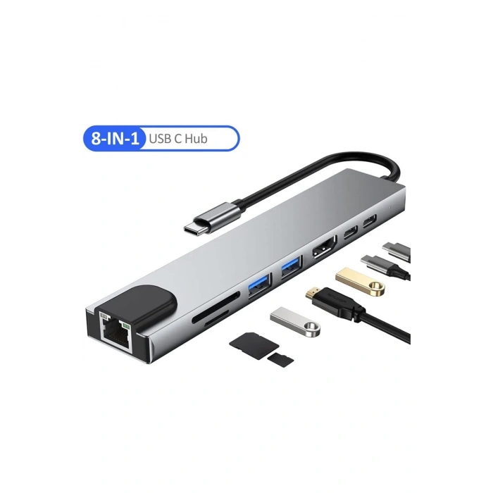 MacBook Uyumlu Type-C 8 in 1 HUB RJ45/SD/TF/USB 3.0/HDTV/PD Çevirici Çoklayıcı