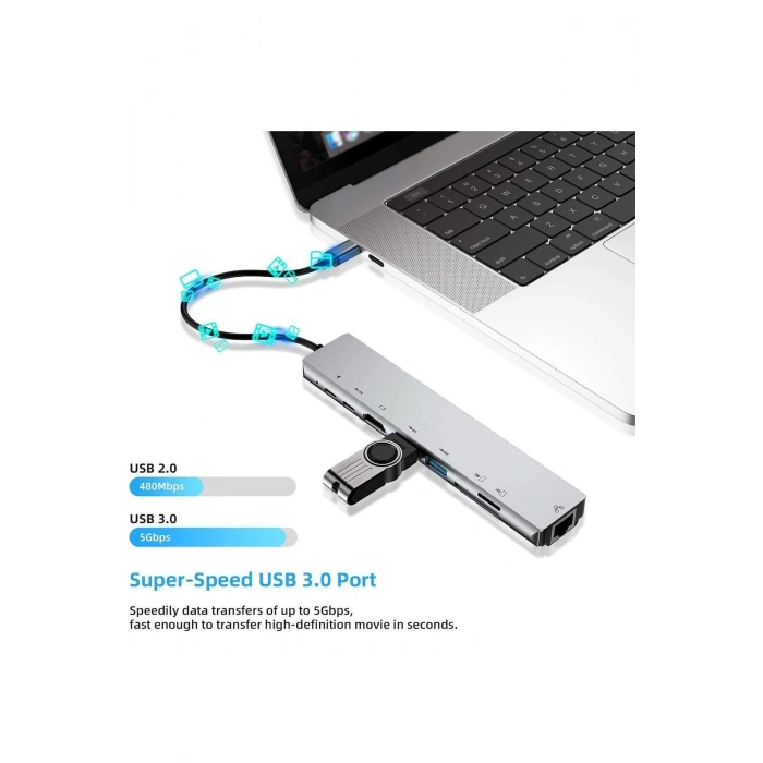 MacBook Uyumlu Type-C 8 in 1 HUB RJ45/SD/TF/USB 3.0/HDTV/PD Çevirici Çoklayıcı