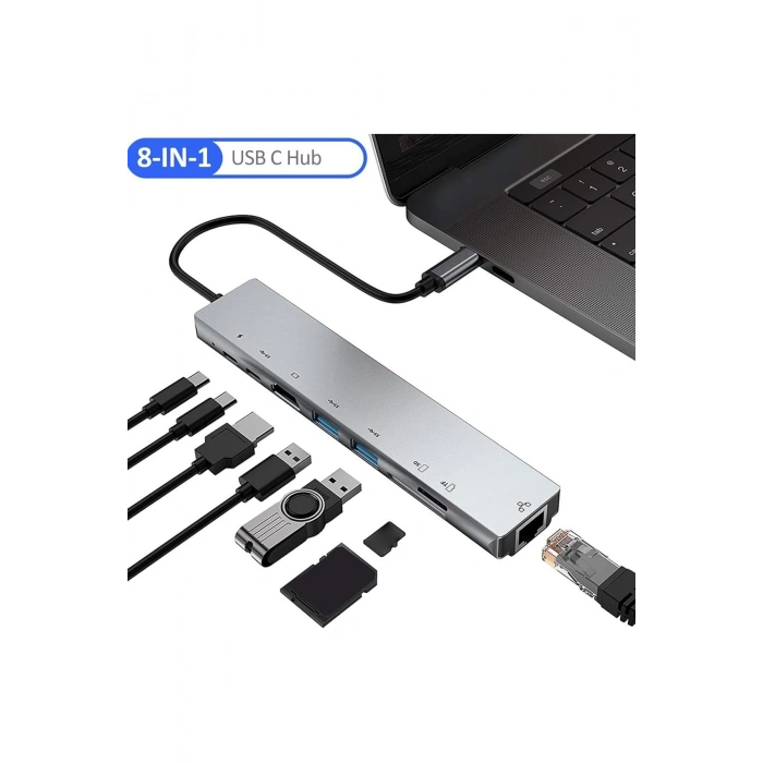 MacBook Uyumlu Type-C 8 in 1 HUB RJ45/SD/TF/USB 3.0/HDTV/PD Çevirici Çoklayıcı