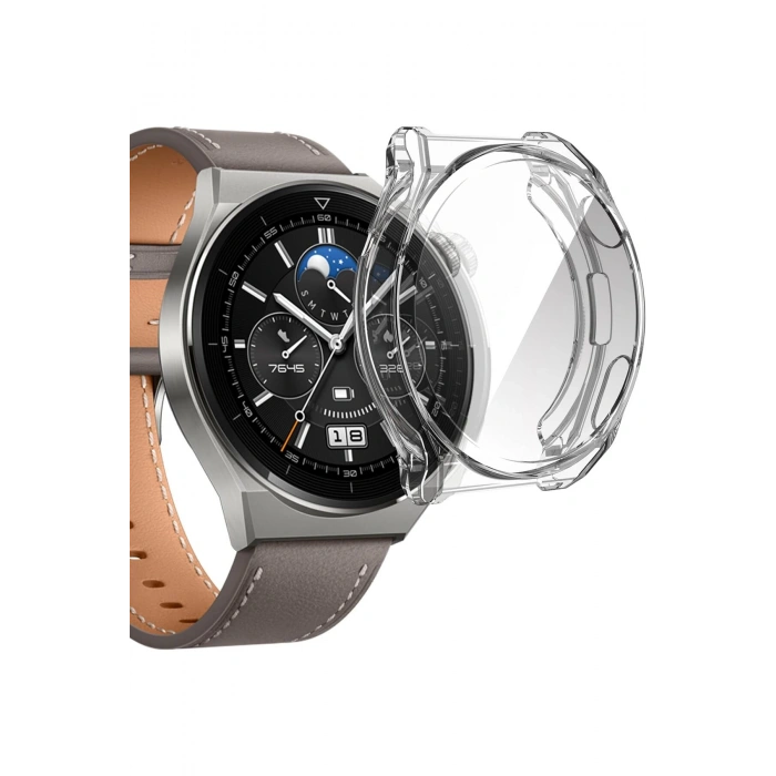 Huawei GT3 46mm Uyumlu Birebir Tam Uyumlu Şeffaf 360 Silikon Tam Koruma Kasa Ekran Koruyucu