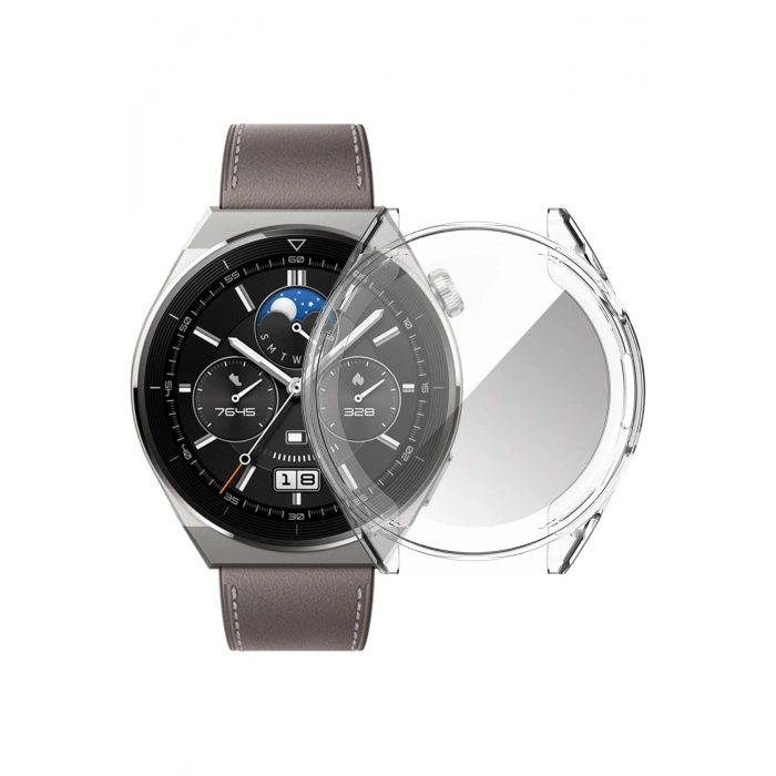 Huawei GT3 46mm Uyumlu Birebir Tam Uyumlu Şeffaf 360 Silikon Tam Koruma Kasa Ekran Koruyucu
