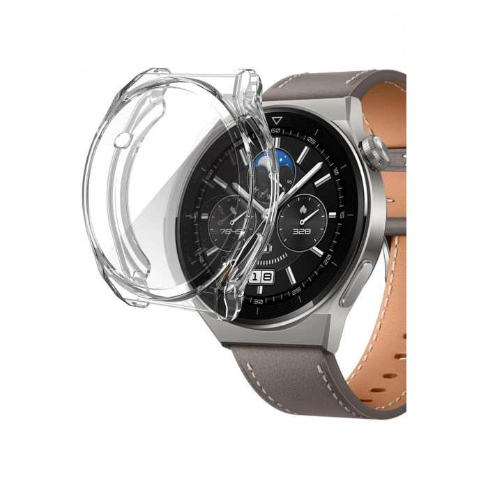 Huawei GT3 46mm Uyumlu Birebir Tam Uyumlu Şeffaf 360 Silikon Tam Koruma Kasa Ekran Koruyucu