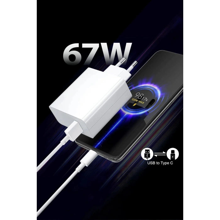 Xiaomi ile Uyumlu 67W Turbo Şarj Hızlı Şarj Saliseli TYPE-C Şarj Aleti Kablo+Başlık Set