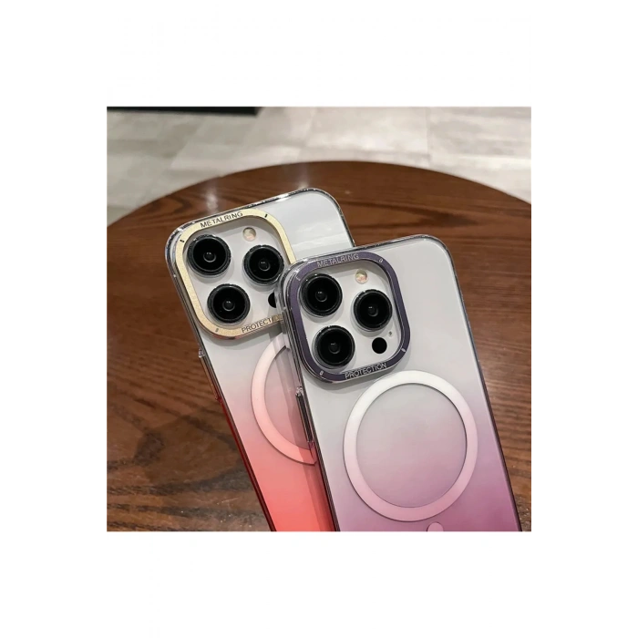 Apple iPhone 16 ile Uyumlu Metal Kamera Çerçeveli Sert PC Renk Geçişli MagSafe Uyumlu Kılıf