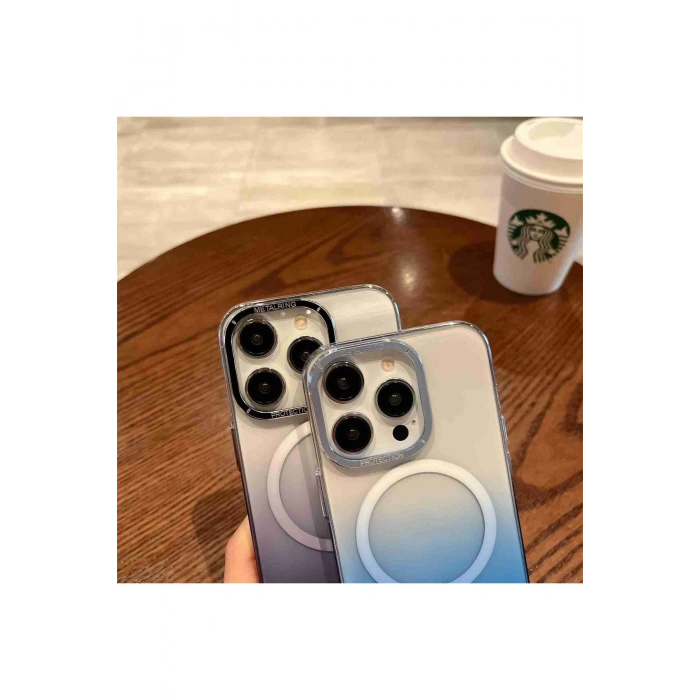 Apple iPhone 16 ile Uyumlu Metal Kamera Çerçeveli Sert PC Renk Geçişli MagSafe Uyumlu Kılıf
