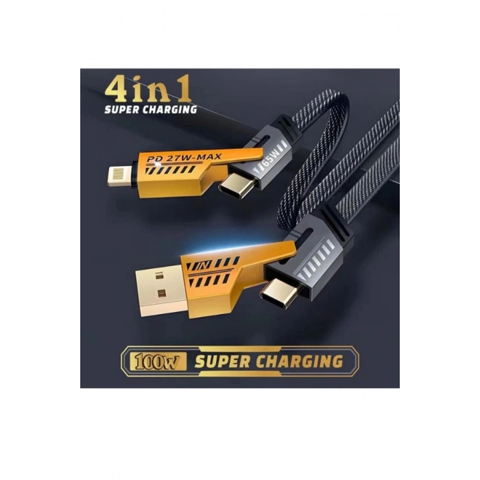 4 in 1 Çok Fonksiyonlu PD Lightning USB-A Çelik Örgü Kopmaz Yırtılmaz Şarj ve Data Kablosu