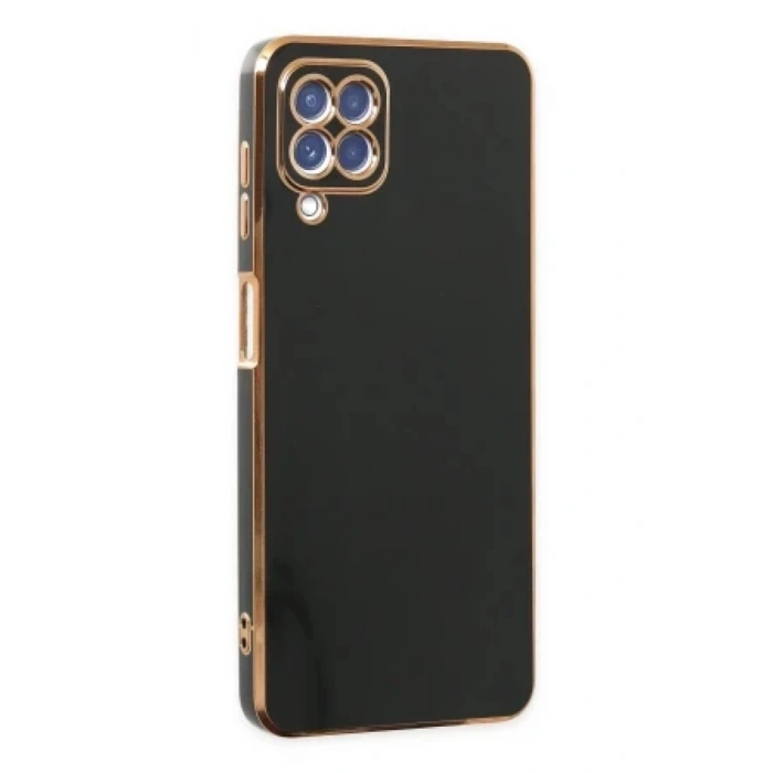 Samsung Galaxy A12 ile Uyumlu Gold Detaylı Esnek Silikon Kamera Korumalı Kılıf