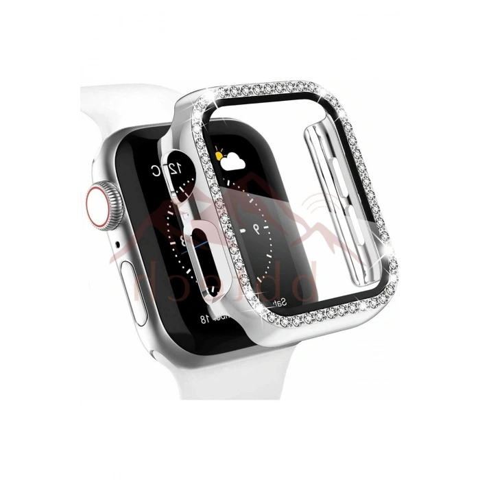Apple Watch Seri 10 42mm Uyumlu Taşlı Kasa Koruyucu Renkli PC Parlak Taş Detay Kasa Ekran Koruyucu
