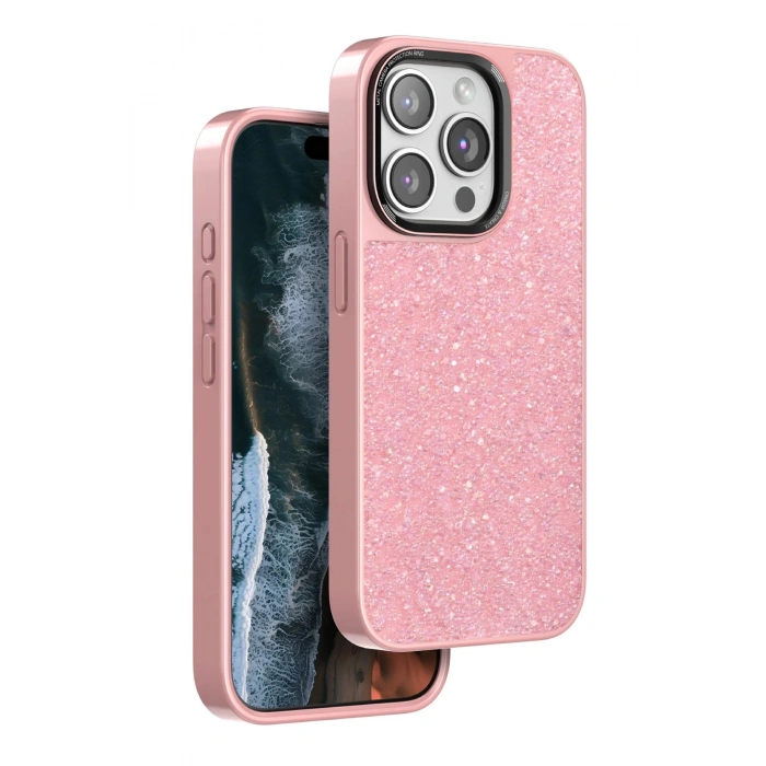 iPhone 14 Pro Max ile Uyumlu Şık Taşlı Desen Pembe Telefon Kılıfı Kombin Tamamlayan Arka Kapak