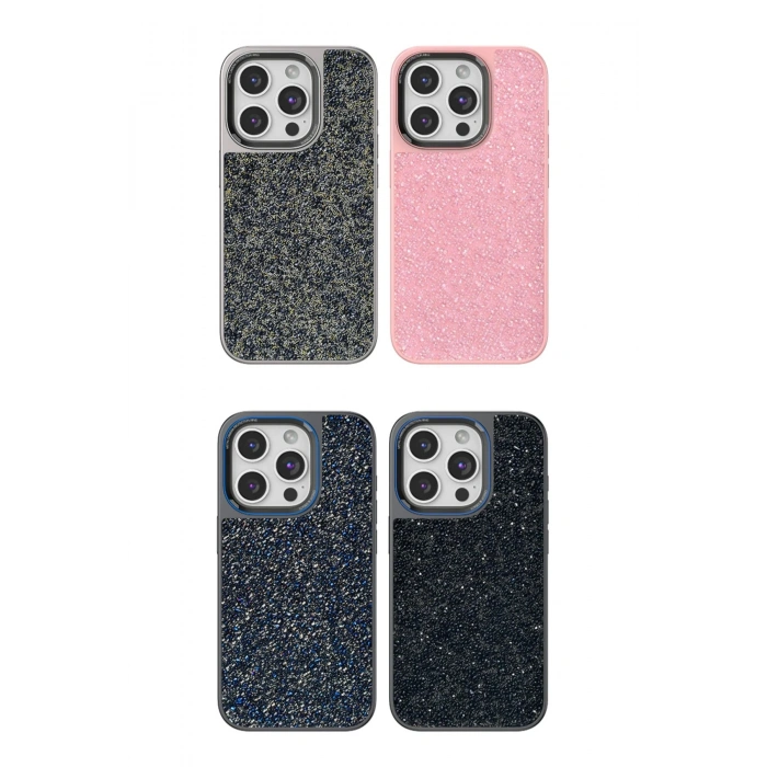 iPhone 14 Pro Max ile Uyumlu Şık Taşlı Desen Pembe Telefon Kılıfı Kombin Tamamlayan Arka Kapak