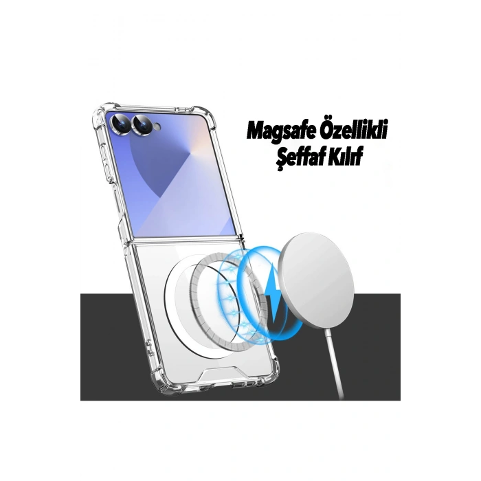 Samsung Galaxy Z Flip 7 ile Uyumlu Kablosuz Şarj Magsafe Özellikli Şeffaf Silikon Kılıf