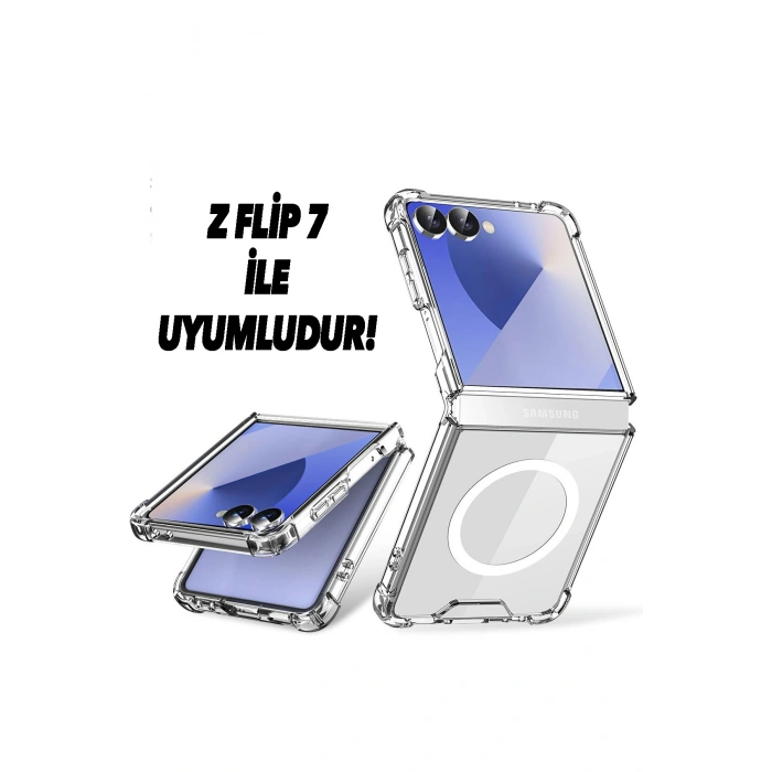 Samsung Galaxy Z Flip 7 ile Uyumlu Kablosuz Şarj Magsafe Özellikli Şeffaf Silikon Kılıf