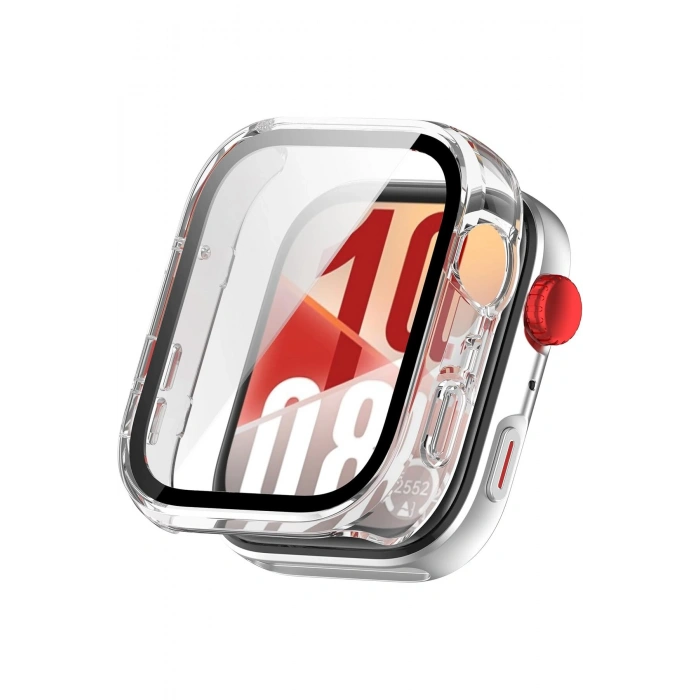 Huawei Watch Fit 4 Uyumlu Şeffaf PC Kasa Ve Ekran Koruyucu Siyah Çizgili Full Cover Case