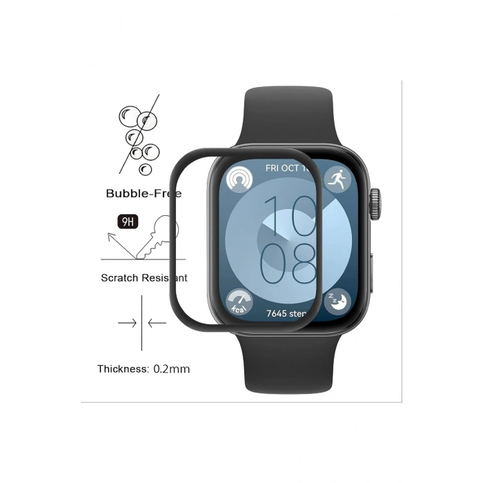 Huawei Watch Fit 4 Ekran Koruyucu Film Tam Kaplayan Kavisli Siyah Çerçeveli Ultra İnce PPM Film Pet