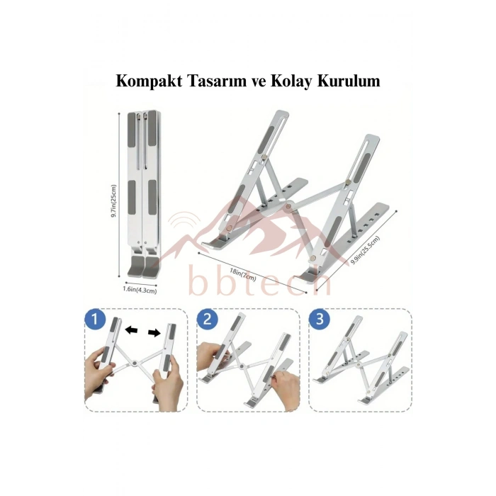 Macbook/Notebook ve Tablet Uyumlu Metal Laptop Standı Hafif Kaydırmaz Ayarlanabilir Katlanabilir
