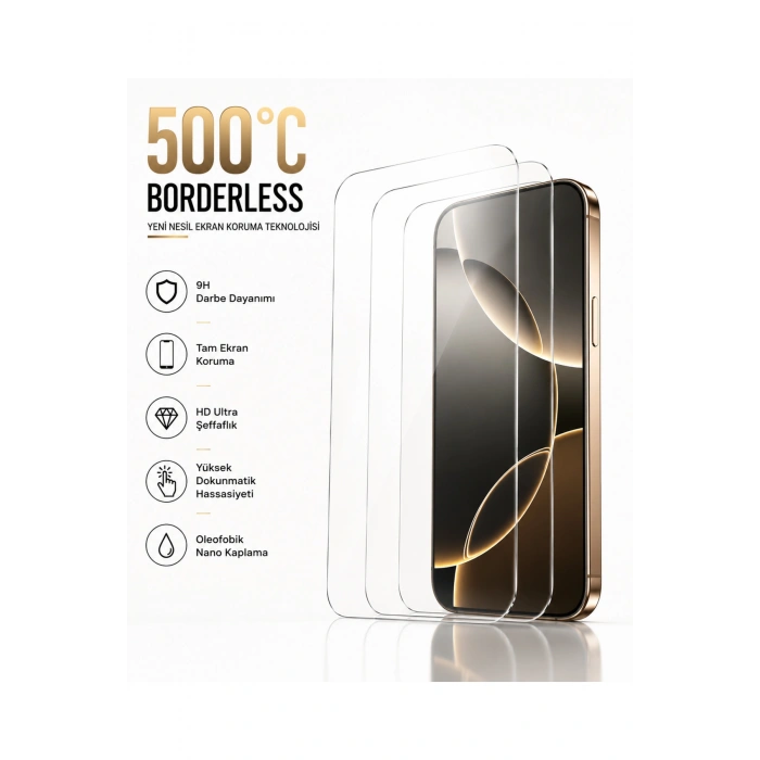 iPhone 14PRO MAX / 15 PLUS / 16 PLUS ile Uyumlu 500C Temperli Kırılmaz Cam Ekran Koruyucu HD Şeffaf Tam Kaplayan Siyah Çerçevesiz Cam
