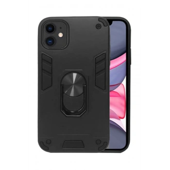 Apple Iphone 11 Kılıf Vega Metal Yüzüklü Standlı Tank Silikon Siyah