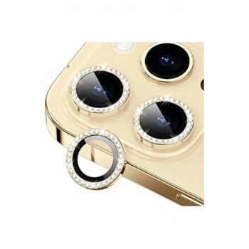Iphone 11 Pro Max Taşlı Kamera Lens Koruyucu Çerçeveli Koruyucu Gold