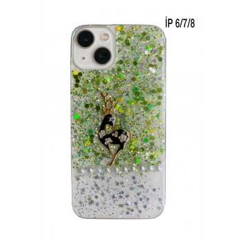 iPhone 6-7-8 ile Uyumlu Simli 3D İncili Geyik Kabartmalı Telefon Kılıfı